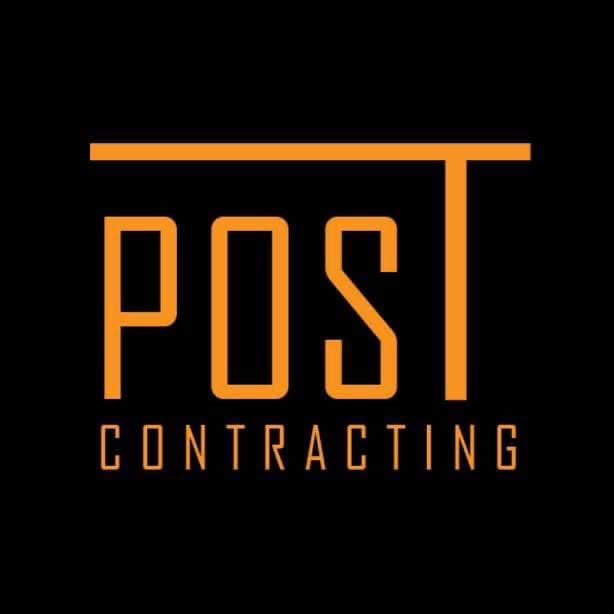 Orange logo for Post Contracting with stylized letters on a solid black background.