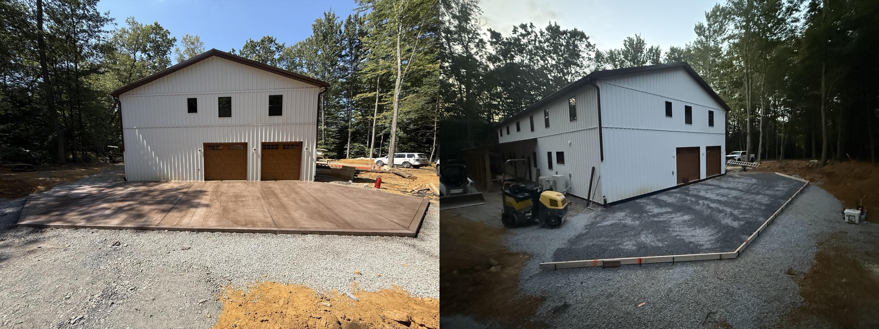 Before and after views of a white barn with a new brown stamped concrete driveway.